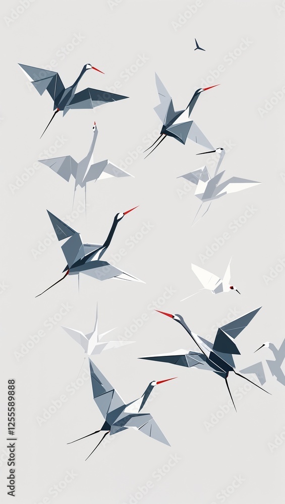 Paper Cranes in the Wind in Elegant Minimal Brushwork on plain white background Paper Cranes in the Wind in Elegant Minimal Brushwork on plain white background