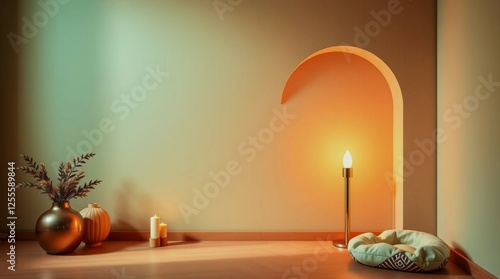 A room with a yellow wall and a lamp in the corner. The lamp is lit and there are two vases on the floor