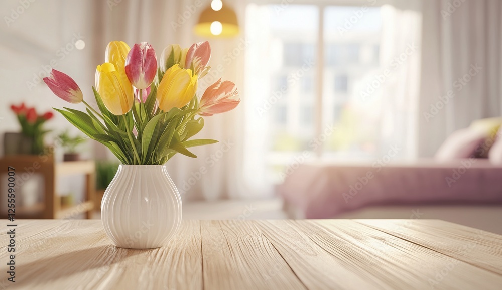 Spring Tulips on Wooden Table Spring Tulips on Wooden Table