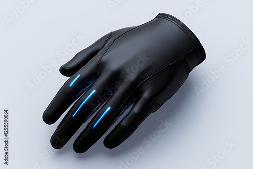 Futuristic black glove with blue led lights on a minimalist background