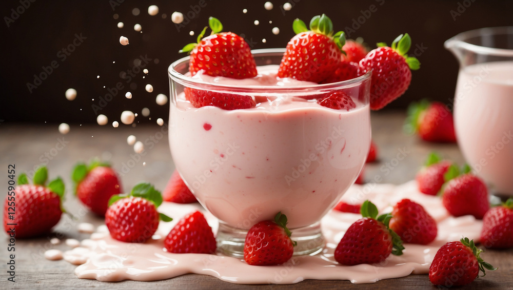 A Beautiful Splash of Fresh Strawberries into Cream, Ideal for Summer Treats A Beautiful Splash of Fresh Strawberries into Cream, Ideal for Summer Treats