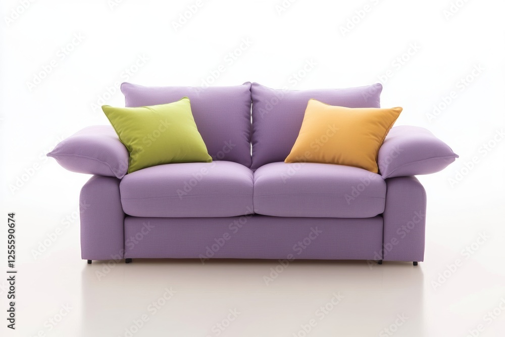 Cozy purple sofa with colorful cushions on a minimalistic background Cozy purple sofa with colorful cushions on a minimalistic background