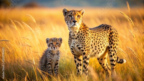 Cheetah and Cub Standing in Tall Grass Under Golden Sunlight photo