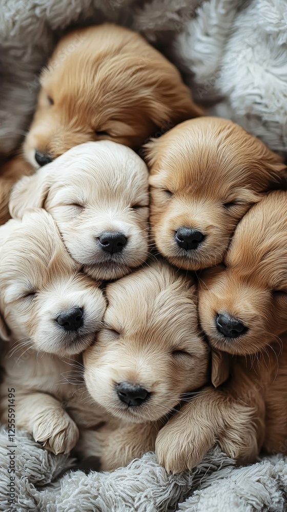 Adorable, cute golden retriever puppies cuddled up in cozy blanket, peacefully sleeping, snuggled together in heartwarming pile. Adorable, cute golden retriever puppies cuddled up in cozy blanket, peacefully sleeping, snuggled together in heartwarming pile.