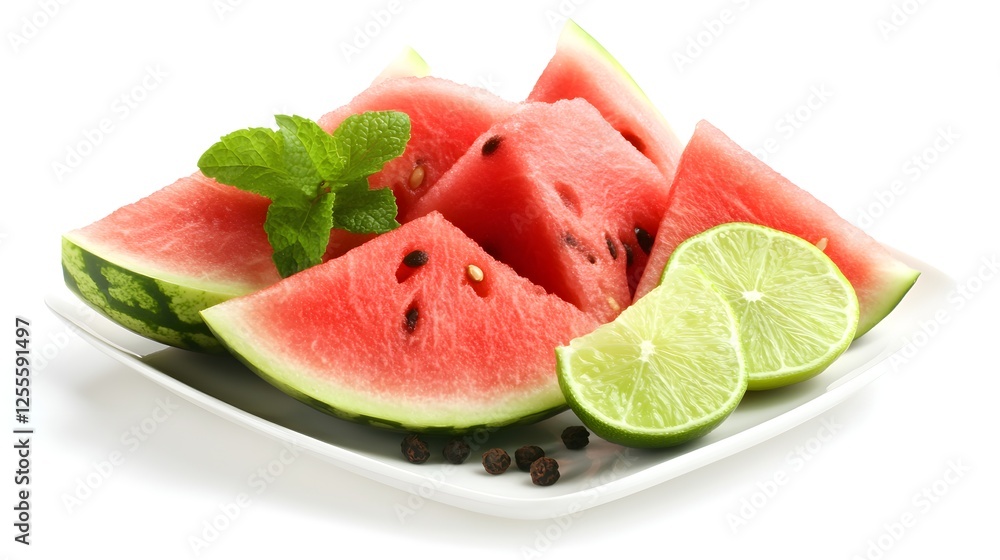 A beautiful flat lay of fresh watermelon slices with mint leaves for refreshing summer inspiration A beautiful flat lay of fresh watermelon slices with mint leaves for refreshing summer inspiration