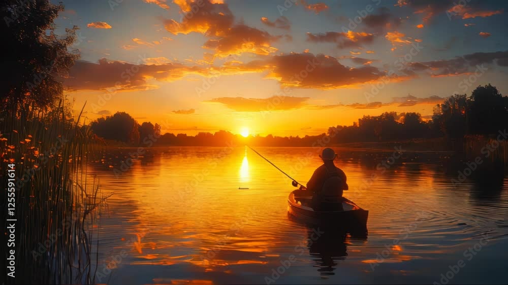 A silhouette of a fisherman standing in a lake at sunset, surrounded by golden light A silhouette of a fisherman standing in a lake at sunset, surrounded by golden light