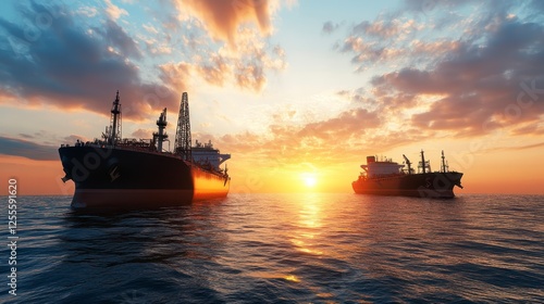 Silhouette of cargo ships on the ocean at sunset. Large cargo vessels are silhouetted against a vibrant sunset with orange and yellow hues. The water photo