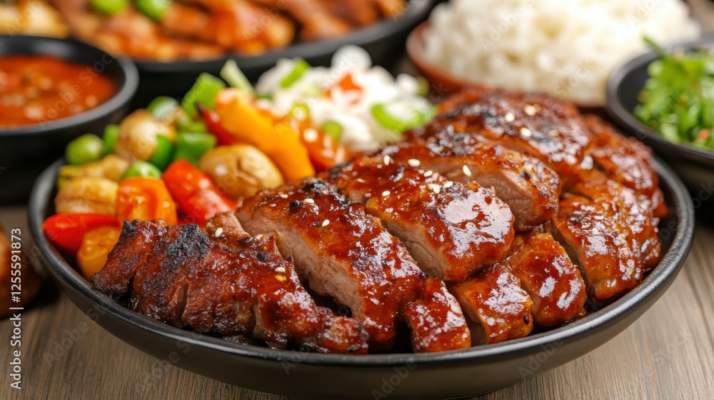 Close up view of sliced glazed pork ribs on a dark plate, accompanied by a medley of colorful vegetables, including carrots and mushrooms, alongside Close up view of sliced glazed pork ribs on a dark plate, accompanied by a medley of colorful vegetables, including carrots and mushrooms, alongside