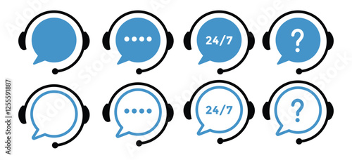 Support service. Customer support, assistance, technical support, customer service, call center, hotline, operator, staff, agent, service icon. Call center symbols. Service concept symbols