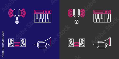 Set line Trumpet, Home stereo, Music synthesizer and Musical tuning fork icon. Vector