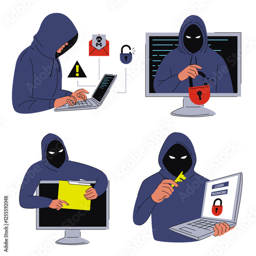 Hacker stealing personal data set vector isolated. Concept of cyber security, fraud and malware. Cybercriminal with laptop computer, personal information in danger.