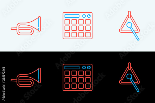 Set line Triangle, Trumpet and Drum machine icon. Vector