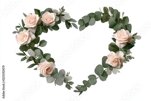 Heart-shaped floral arrangement with pale pink roses and eucalyptus leaves