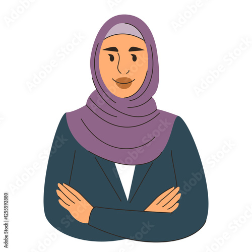 Muslim businesswoman standing with crossed arms and smiling vector isolated. Happy female character in hijab. Arabian woman.