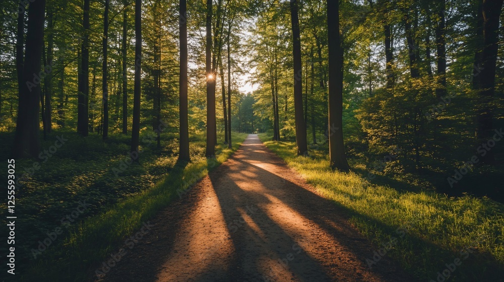 Obraz premium Sunlit Path Through Serene Forest: A Tranquil Walk in Nature's Embrace