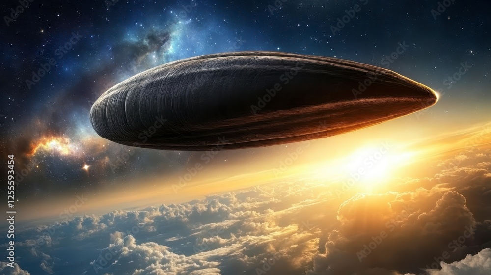 A large, dark gray, oval shaped object, resembling a spacecraft or unidentified flying object, hovers above a sunrise over clouds and a starry night A large, dark gray, oval shaped object, resembling a spacecraft or unidentified flying object, hovers above a sunrise over clouds and a starry night