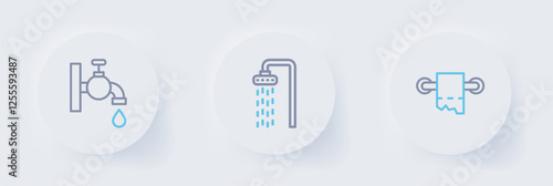 Set line Toilet paper roll, Shower and Water tap icon. Vector