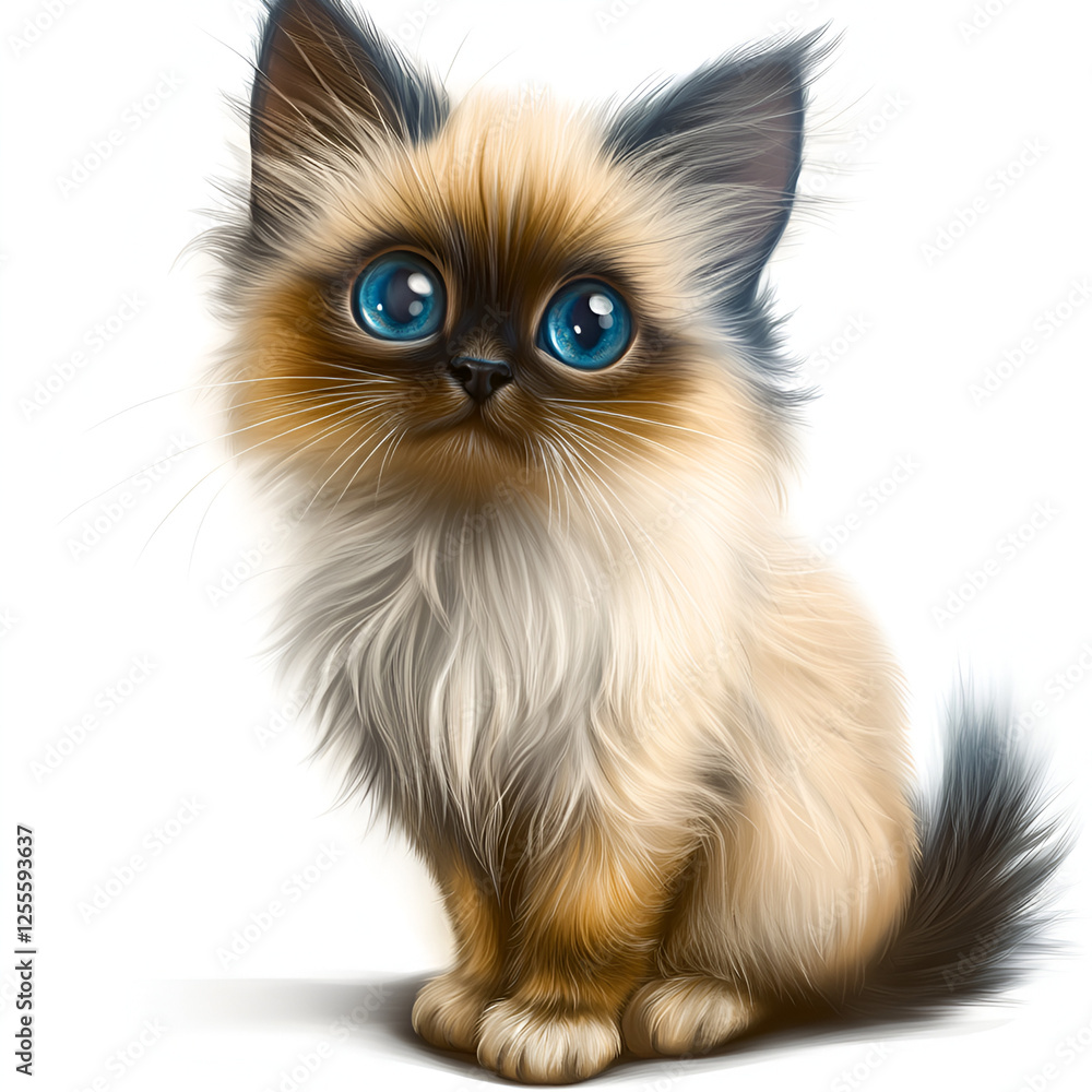 Fototapeta premium Fluffy Cat Illustration with Green Eyes