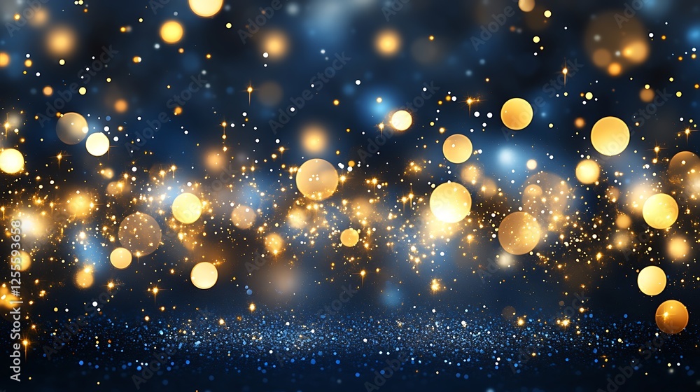 A dark blue and gold bokeh background with shimmering light particles, perfect for holiday and festive concepts A dark blue and gold bokeh background with shimmering light particles, perfect for holiday and festive concepts