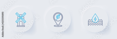 Set line Water energy, Location with leaf and Wind turbine icon. Vector