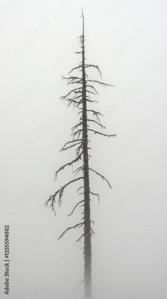 Tall, barren tree standing alone in a foggy landscape Tall, barren tree standing alone in a foggy landscape