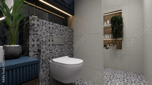 Luxurious contemporary bathroom with a black and white patterned floor, dark shower tiles, floating toilet, and stylish built-in shelves with ambient lighting in 3D animation.