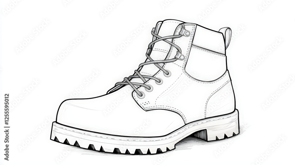 Detailed Illustration of Stylish White Work Boot with Laces and Thick Sole for Outdoor Wear Detailed Illustration of Stylish White Work Boot with Laces and Thick Sole for Outdoor Wear