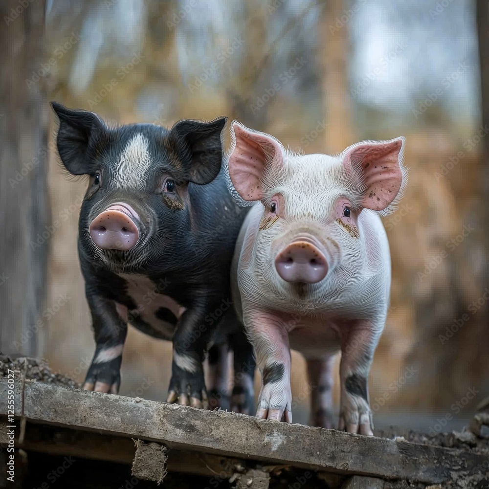 Two Piglets Standing on Wood, One Black and One Pink Two Piglets Standing on Wood, One Black and One Pink