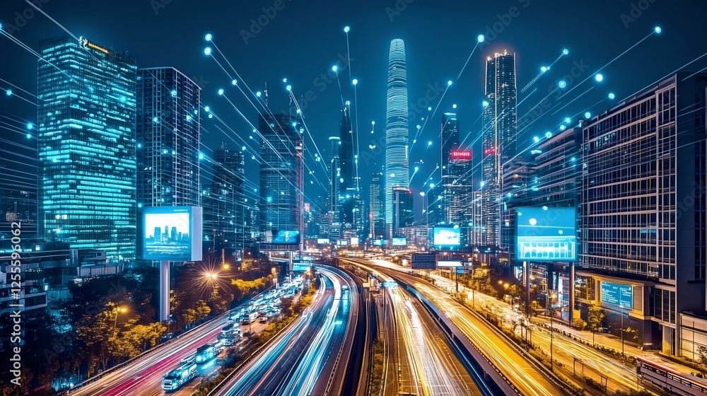 Fototapeta premium futuristic smart city skyline at night, illuminated by vibrant lights and digital connectivity. Skyscrapers interconnected, network data points, symbolizing smart technology integration