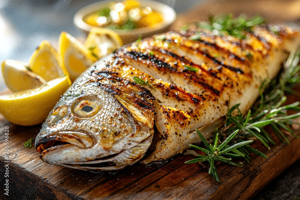 Grilled fish with lemon and herbs on wooden board (1) Grilled fish with lemon and herbs on wooden board (1)
