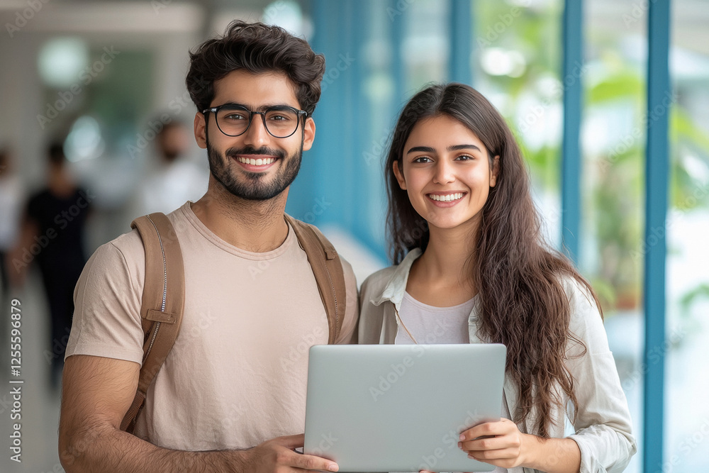 Indian male and female office workers holding laptops, standing side by side with happy smiles on their faces. Indian male and female office workers holding laptops, standing side by side with happy smiles on their faces.