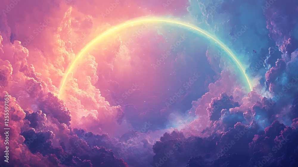 Pastel rainbow arcs gently over dreamy pink and blue cloudscape. AI Generated Pastel rainbow arcs gently over dreamy pink and blue cloudscape. AI Generated
