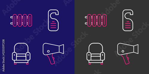 Set line Hair dryer, Armchair, Please do not disturb and Heating radiator icon. Vector