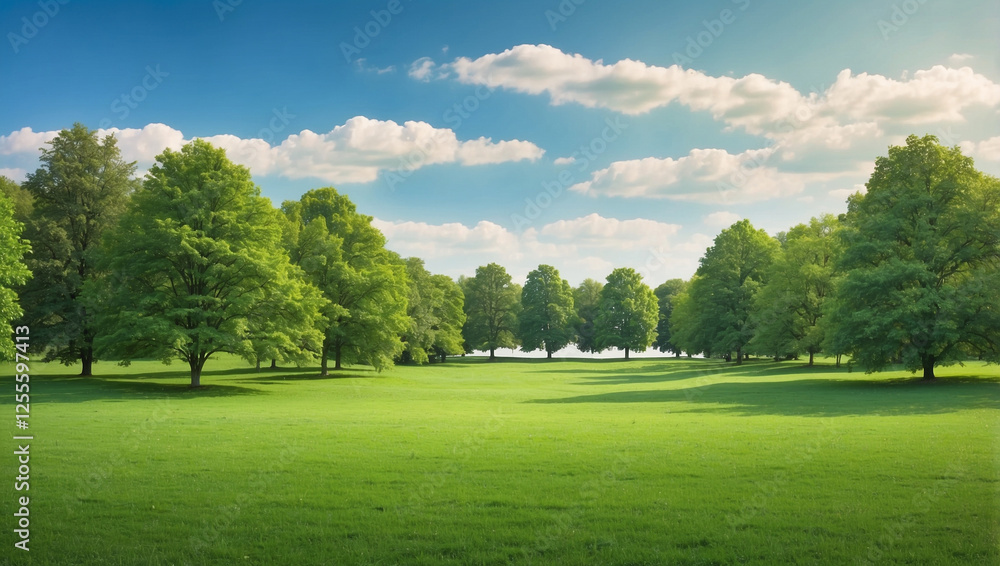 Lush Green Grass Field with Trees for Scenic Beauty Lush Green Grass Field with Trees for Scenic Beauty