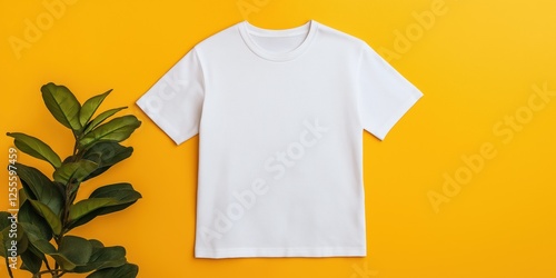 A white t-shirt is displayed on a yellow background. The t-shirt is unbuttoned and has a green leaf on the left side. Concept of simplicity and minimalism photo