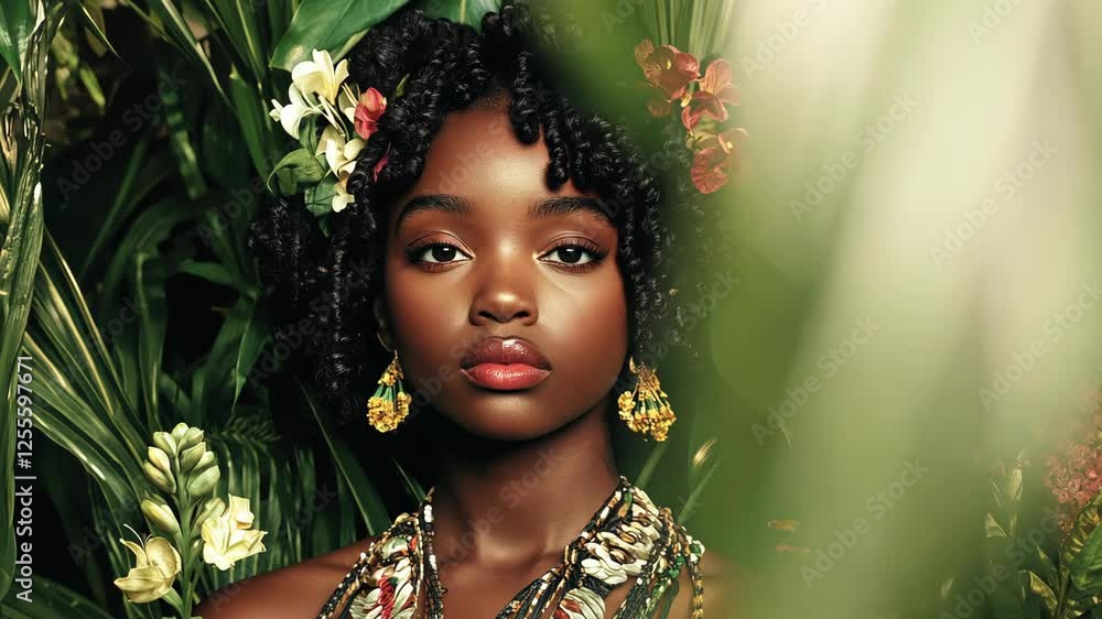 Portrait of a young woman adorned with natural elements in a lush botanical setting during daylight Portrait of a young woman adorned with natural elements in a lush botanical setting during daylight