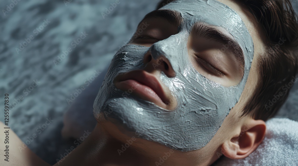 Fototapeta premium A young man in a spa, with a facial mask, eyes closed, and lying near a grey wall . The man is enjoying a beauty treatment at a salon for skin care or facial cosmetics