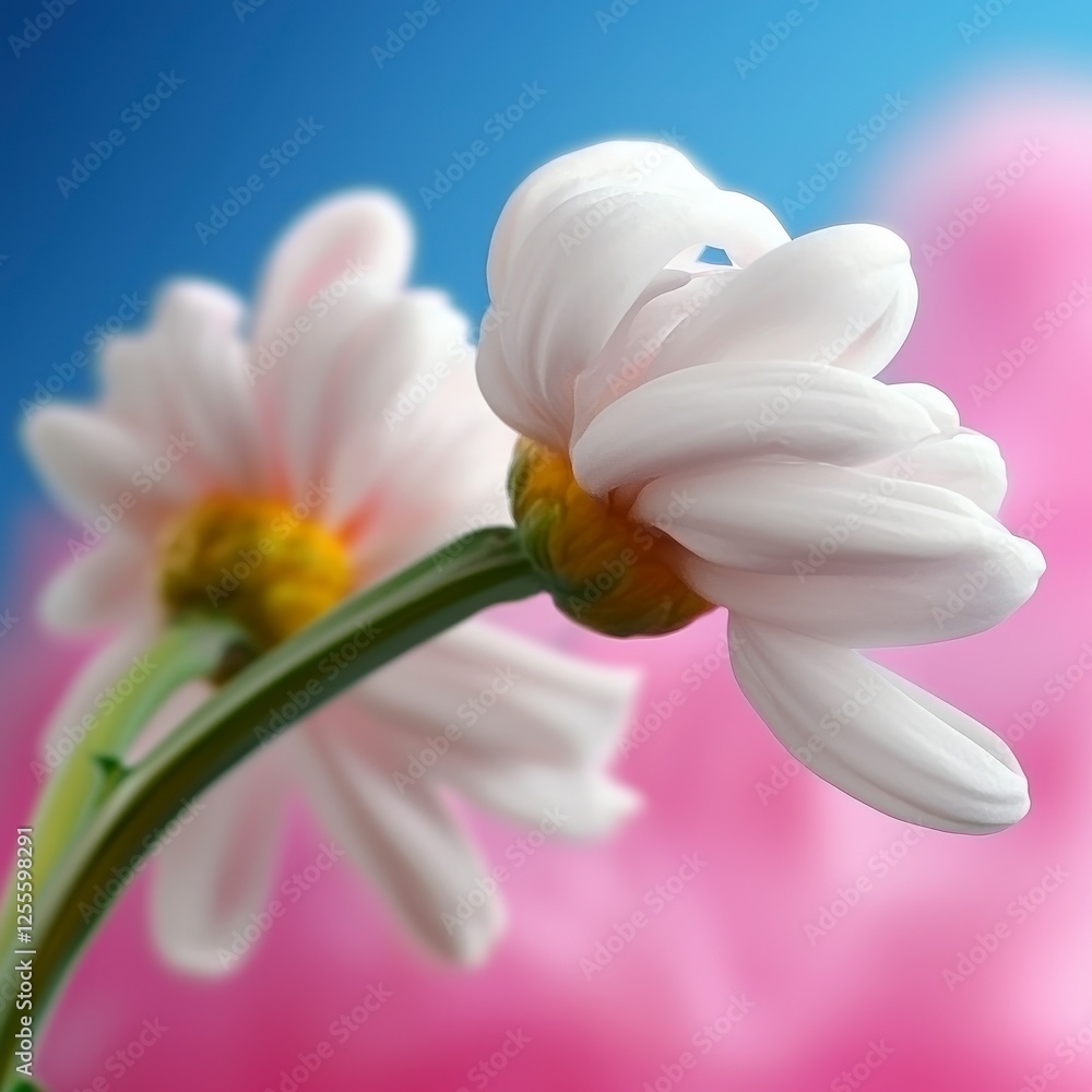 Two White Daisies Against a Soft Pink and Blue Background Two White Daisies Against a Soft Pink and Blue Background
