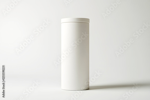 Kraft paper tube or can packaging. Tall cylindrical white cardboard canister elegantly designed with clean minimalist aesthetic on white background. Perfect for show eco-friendly packaging concept.
