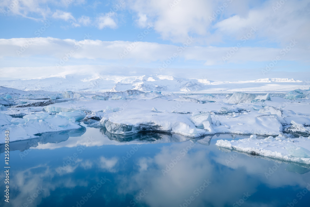 Iceland, Vatnajokull National Park. Panoramic view of the ice lagoon. Winter landscapes in Iceland. Natural background. North country.