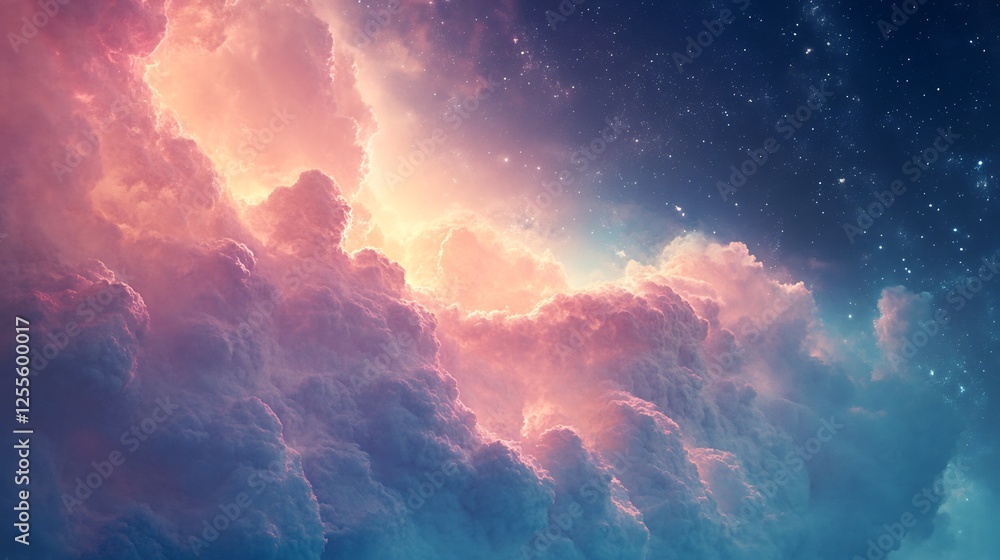Fototapeta premium Dreamlike cloudscape glows softly pink and blue under a starry night sky. AI Generated