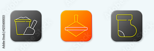 Set line Sand in bucket with shovel, Whirligig toy and Baby socks clothes icon. Vector