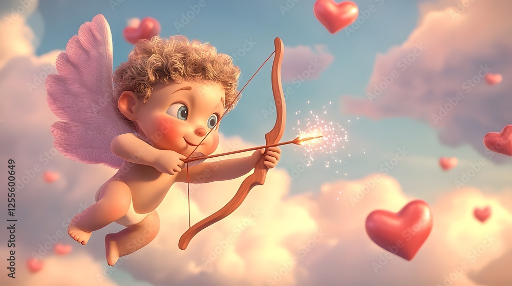 3D cartoon Cupid aiming his bow with a sparkling arrow, showcasing love, romance, and a festive Valentine's theme 3D cartoon Cupid aiming his bow with a sparkling arrow, showcasing love, romance, and a festive Valentine's theme