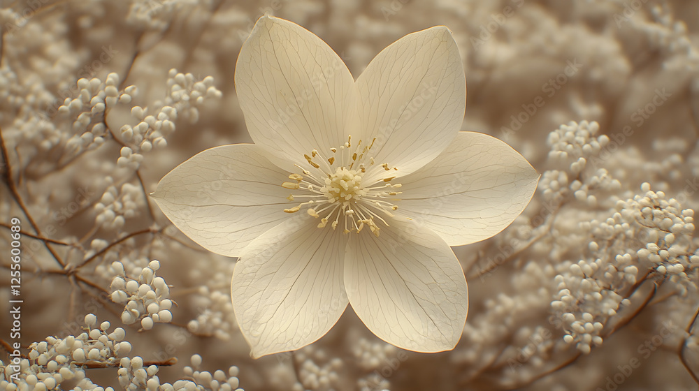 Fototapeta premium A delicate white flower blooms amidst a soft background of tiny white blossoms, creating a serene and gentle floral composition