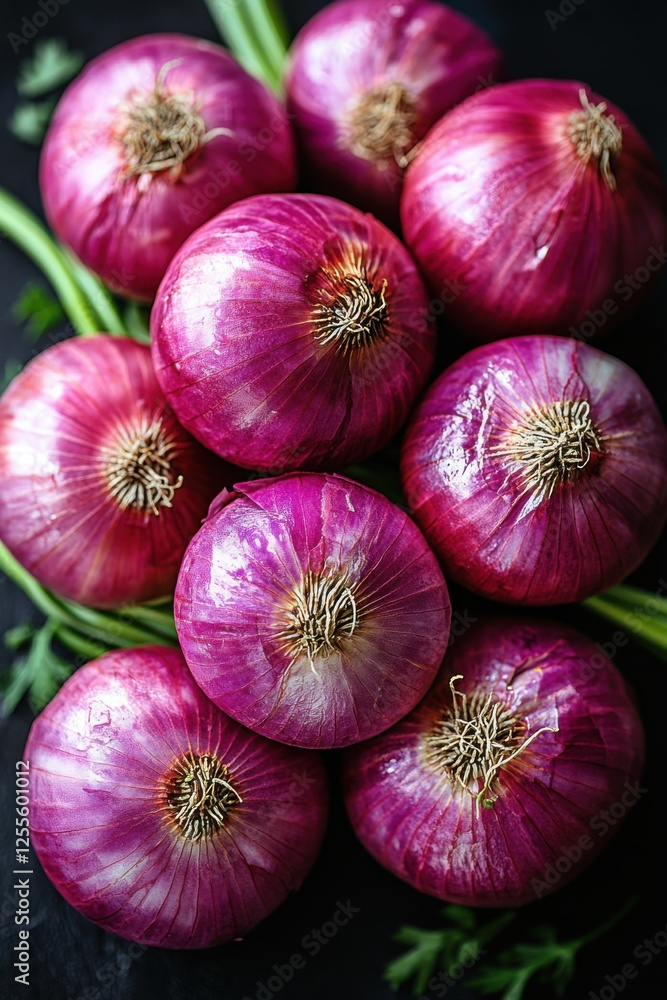 Fresh red onions with green stems on dark background Fresh red onions with green stems on dark background