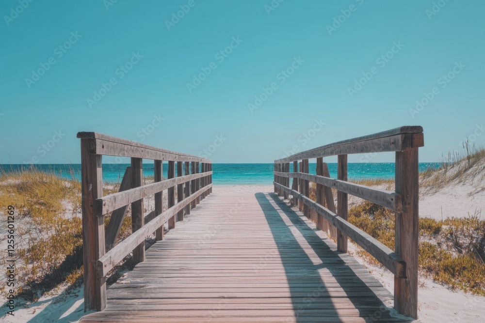 Wooden boardwalk leading to a tranquil beach under a clear blue sky. Wooden boardwalk leading to a tranquil beach under a clear blue sky.
