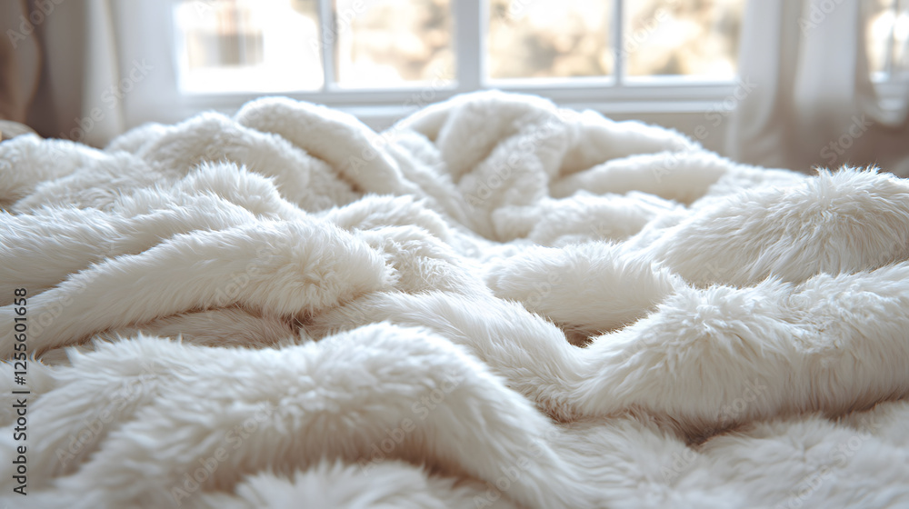 A soft, fluffy white blanket sprawled across a bed, creating a cozy and inviting atmosphere A soft, fluffy white blanket sprawled across a bed, creating a cozy and inviting atmosphere