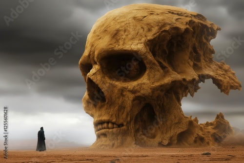 Enormous skull structure towers over lone figure in a desolate sandy landscape under an ominous sky