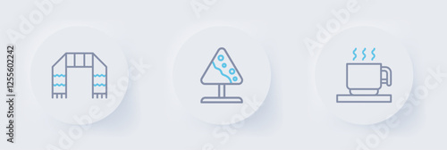 Set line Hot chocolate cup, Road sign avalanches and Winter scarf icon. Vector