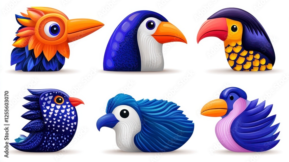 Obraz premium Collection of stylized pixel art bird heads, vibrant colors, digital illustration, various species, diverse plumage, colorful beaks, profile views